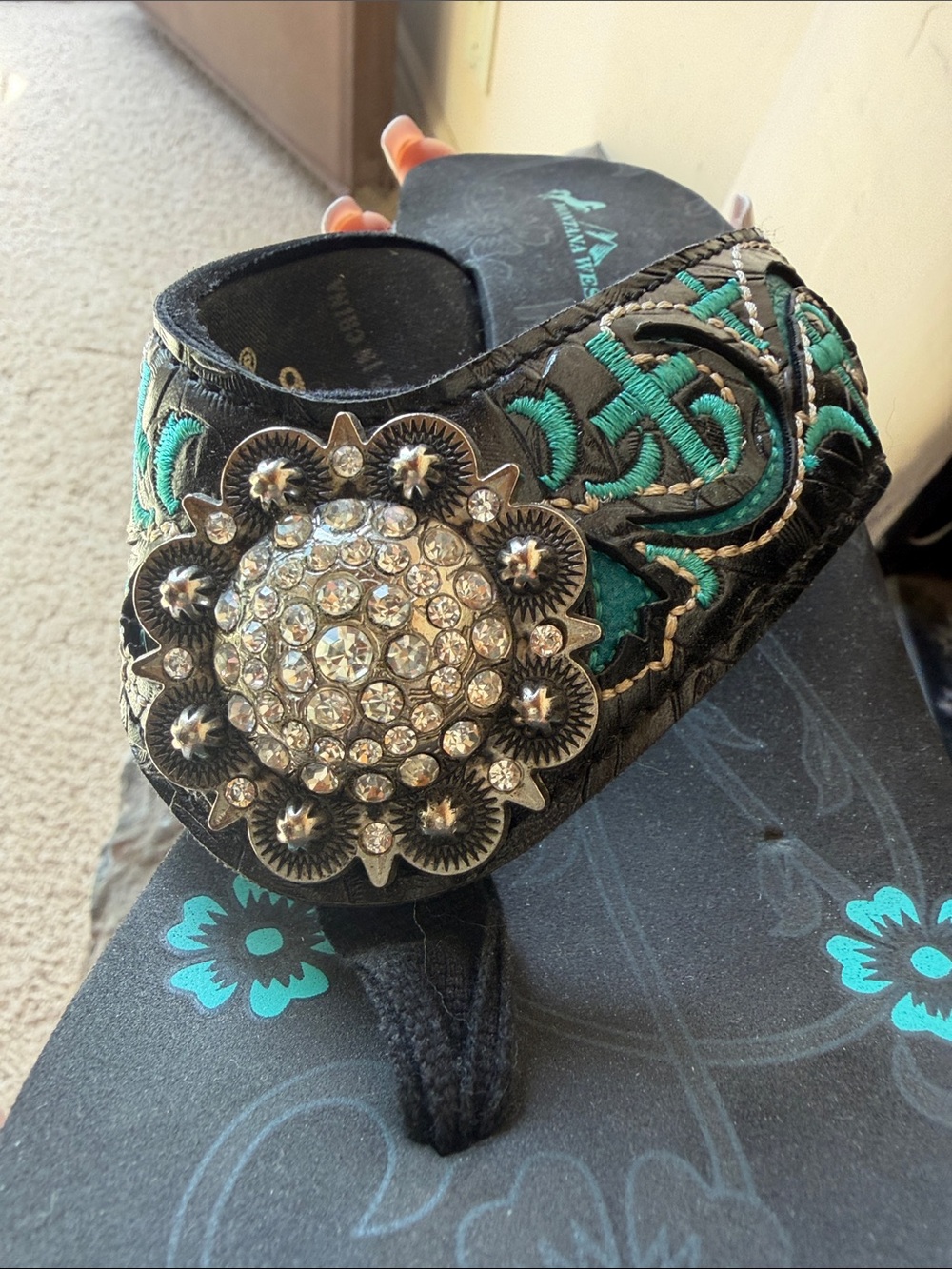 Montana West Black & Turquoise Floral Rhinestone Concho Wedge Sandals - Picture 5 of 6